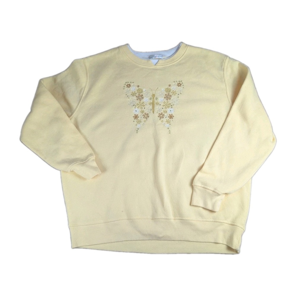 Lasting & Smith Women XL Yellow Butterfly Embroidered Fleece Cottagecore Floral